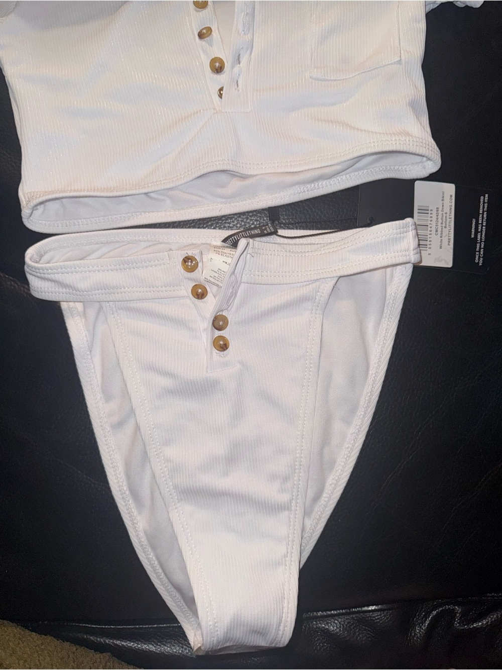 White Ribbed Button-Front Crop Top & High-Cut Bottom Bikini Set - Picture 3 of 8